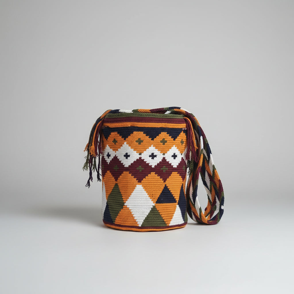 Authentic handmade Colombian Wayuu Mochila in vibrant orange and brown cotton threads with geometric design. Large artisanal bag is traditionally crafted; adds a tribal touch to boho fits.