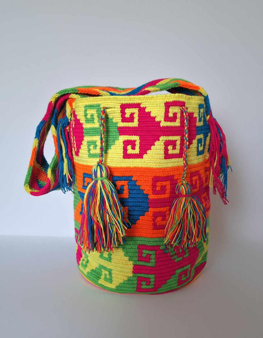 Authentic handmade Colombian Wayuu Mochila in vibrant cotton threads in yellow, orange and green with clan design. Large Wayuu Bag is Unique artisan-made and perfect for boho styling.