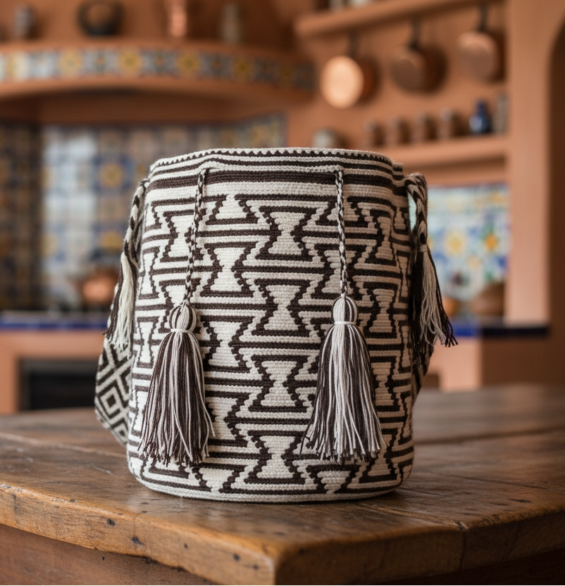 Large Wayuu Bag Unique Geometric Design in Black and White on Mexican Kitchen Table