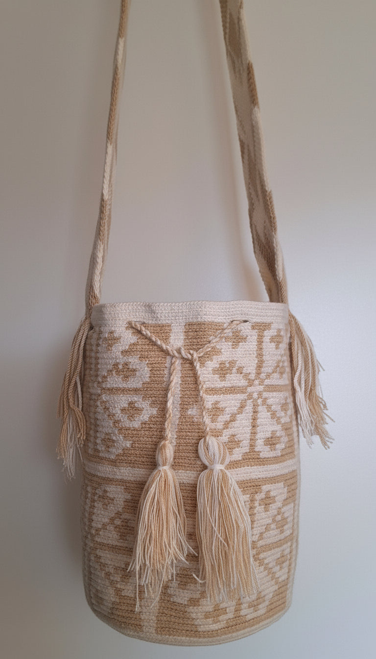 Detailed view of traditional Wayuu crochet technique in beige and white with tassels and crossbody strap fully extended. Large Wayuu bag with petal design is traditionally crafted; adds a tribal touch to boho fits.