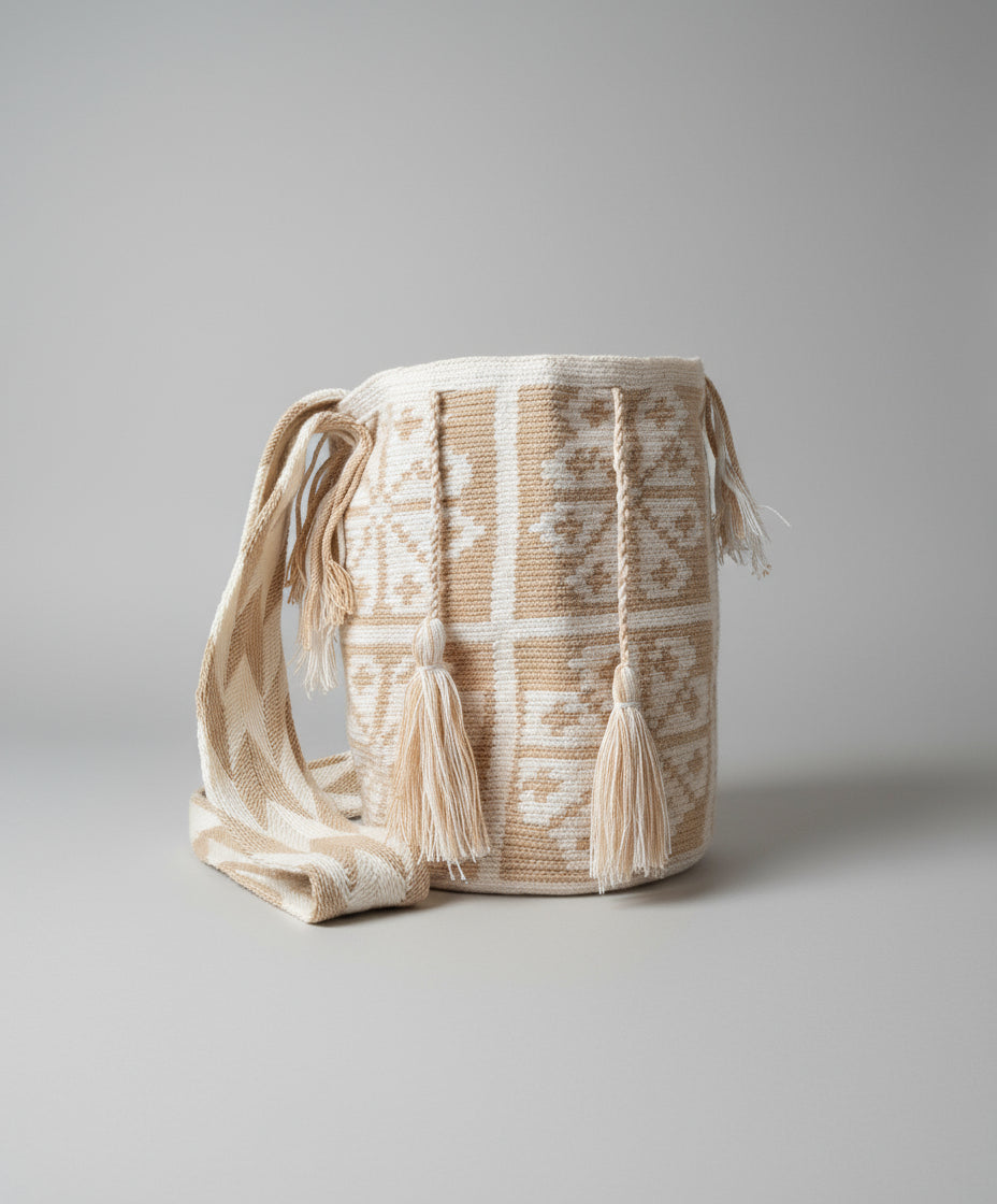 Authentic handmade Colombian Wayuu Mochila in beige and white cotton threads with petal design in Beige. Handwoven bucket bag supports indigenous weavers with every boho purchase.