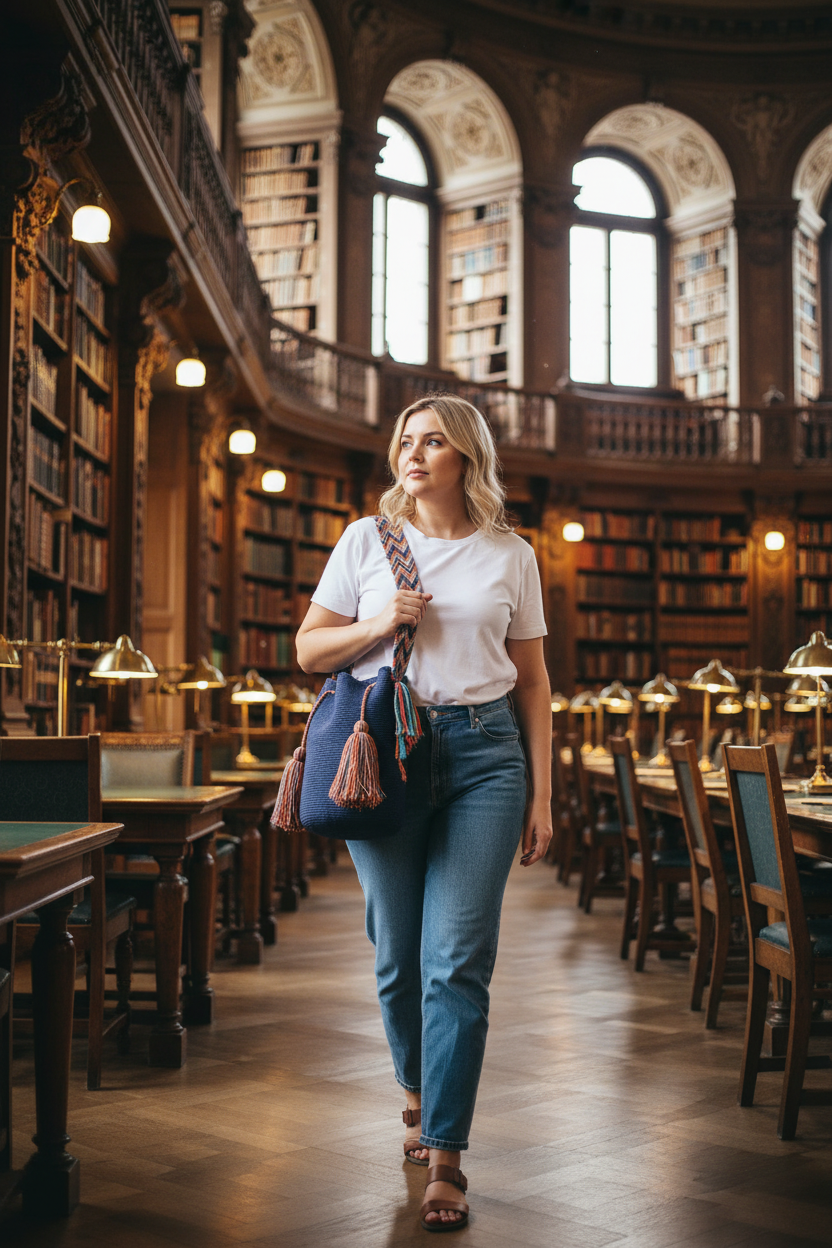 Woman wearing a blue handmade Wayuu shoulder bag in library. Ethically and responsibly sourced.