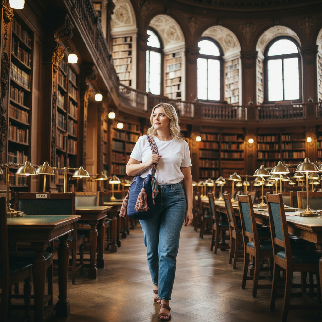 Woman wearing a blue handmade Wayuu shoulder bag in library, showing crossbody strap and tassels. Ethically and responsibly sourced.