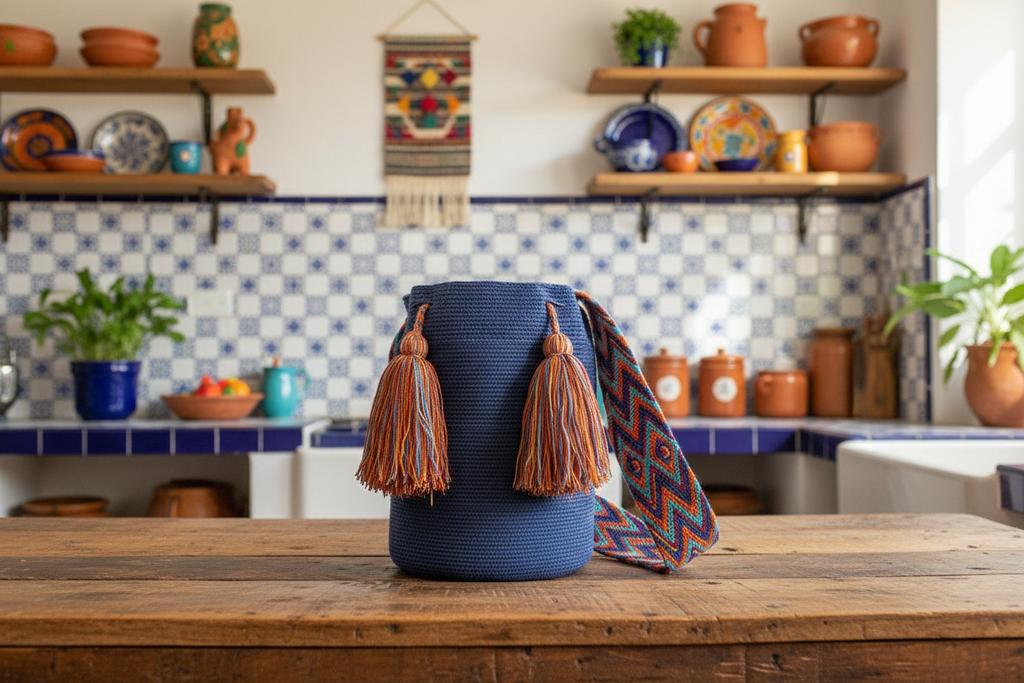 Large Wayuu Mochila Bag Blue on rustic kitchen table. Tassels and crossbody strap on show.