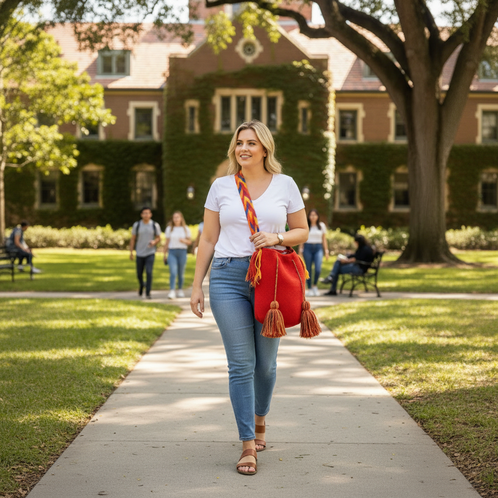 Woman wearing a red handmade Wayuu shoulder bag walking through university campus. Ethically and responsibly sourced.