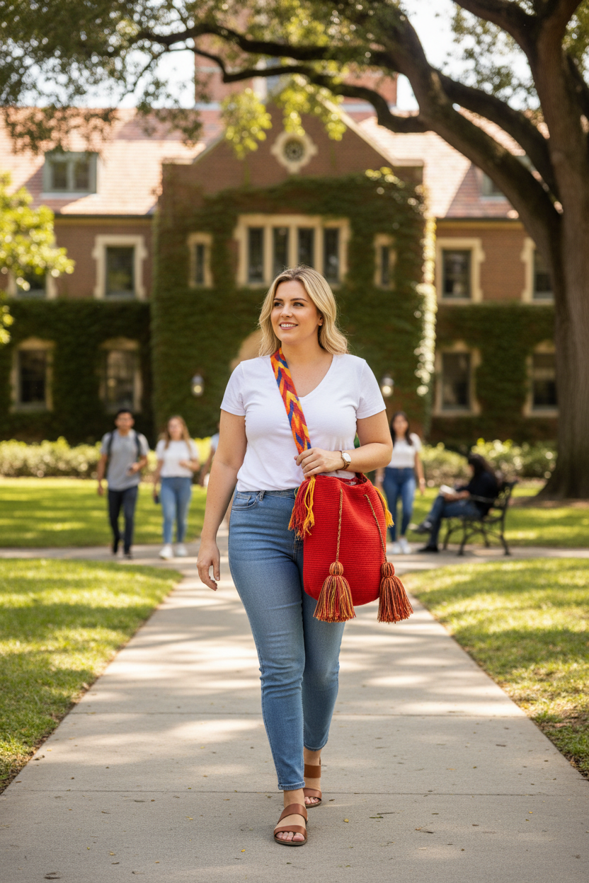 Woman wearing a red handmade Wayuu shoulder bag relaxing in university campus setting. Ethically and responsibly sourced.