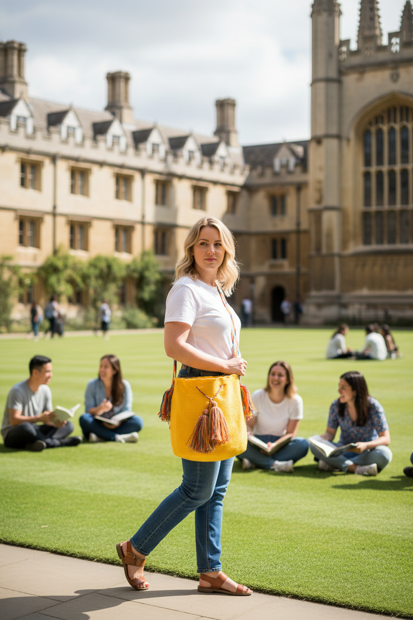 Woman wearing a bright yellow handmade Wayuu shoulder bag relaxing in university campus. Bag is fair trade bucket bag for a free-spirited look.