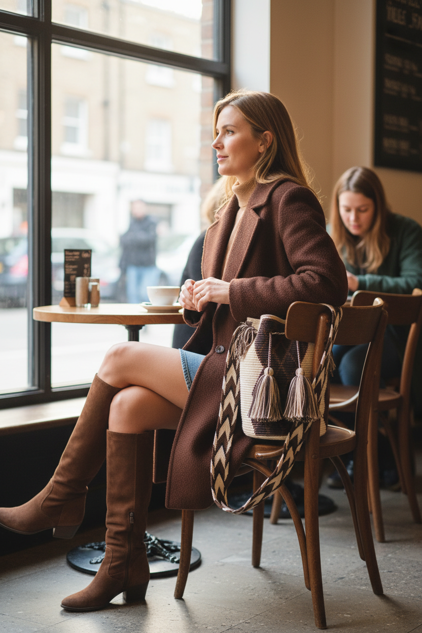 Lifestyle image of the Large Wayuu Bag with Traditional Kanaas - Iiwo'uyaa in a London café