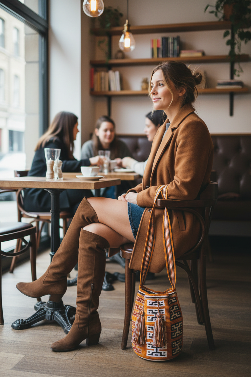 Lifestyle image of the Wayuu bag in a London café. Wayuu mochila features traditional motif and os ochre with white, black and reds. The crossbody strap matches.