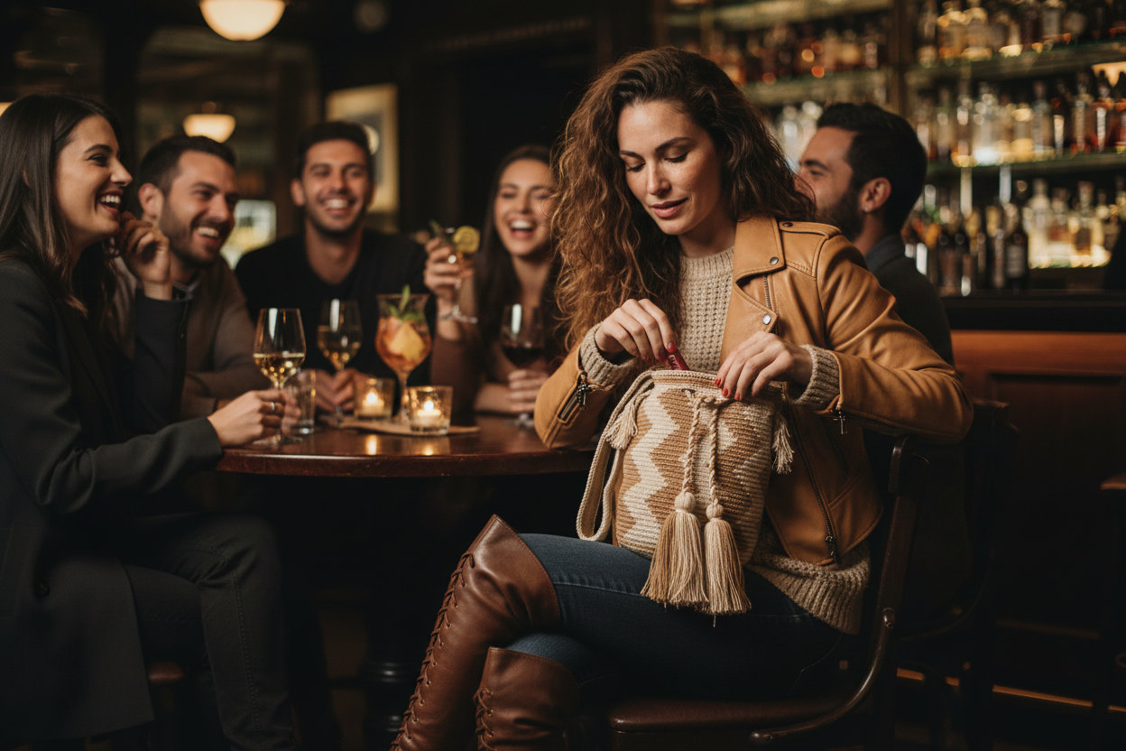 Woman wearing a cream and beige handmade Wayuu shoulder bag in a bar. Mochila is responsibly hand-crafted; a boho festival essential.