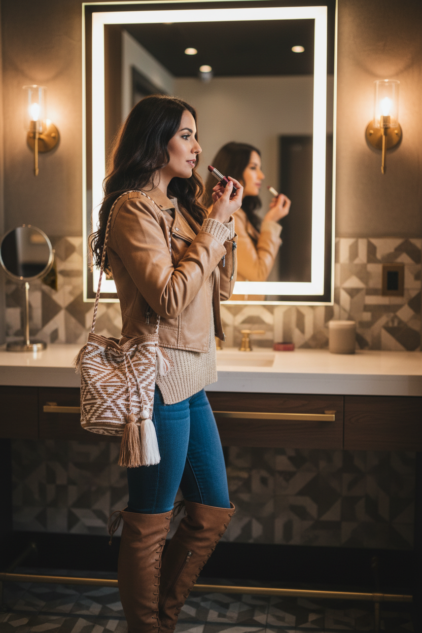 Woman wearing a colourful medium-sized handmade Wayuu shoulder bag in white and beige while fixing make-up. Ethically and responsibly sourced
