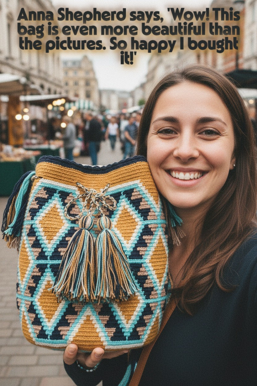 Large Wayuu Bag with Unique Diamond Pattern in Amber, White, Navy and Light Blue