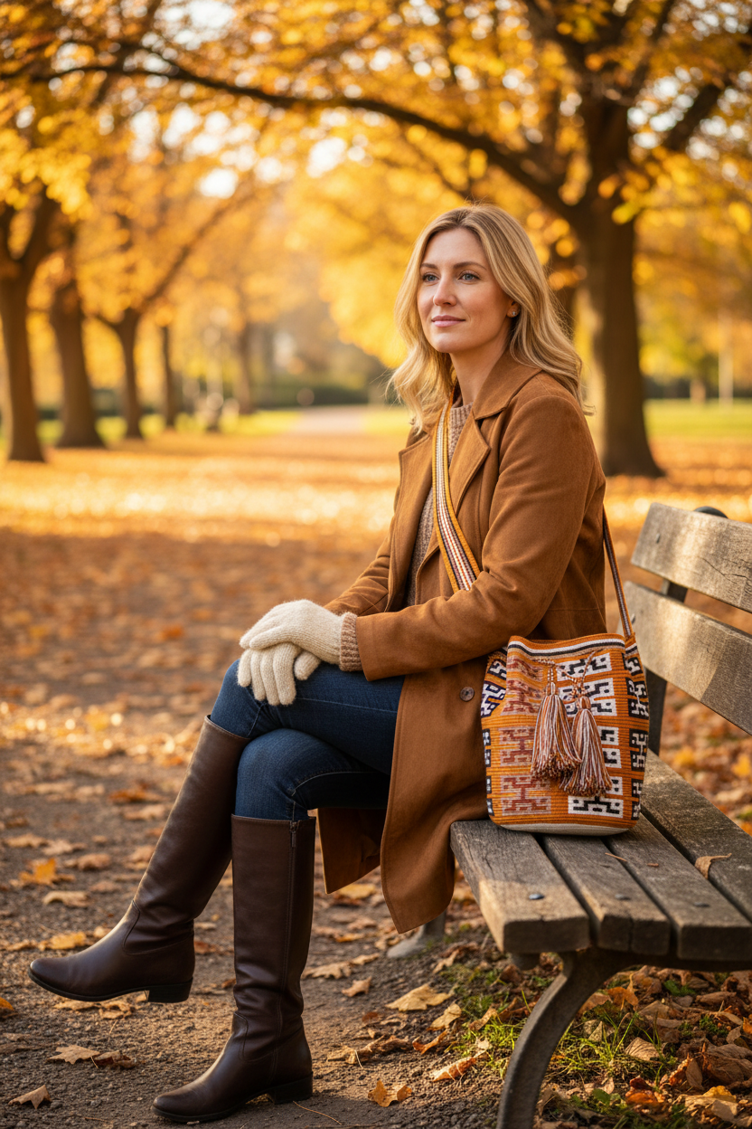 Autumn park-bench lifestyle image with the Traditional Clan Design Wayuu bag. Women with wayuu mochila, sitting on park bench.