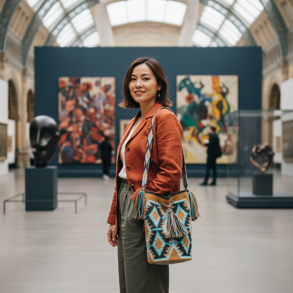 Woman wearing ochre and blue handmade Wayuu shoulder bag at trendy museum, casual style. Ethically and responsibly sourced.