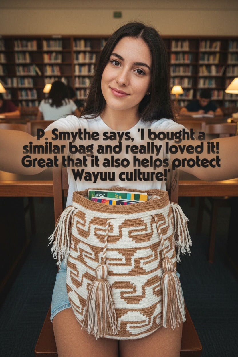 Large Wayuu Bag Unique Abstract Shell Design in Beige and White
