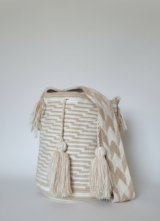 Authentic handmade Colombian Wayuu Mochila in soft coloured cotton threads, geometric design. Ethically and responsibly sourced.