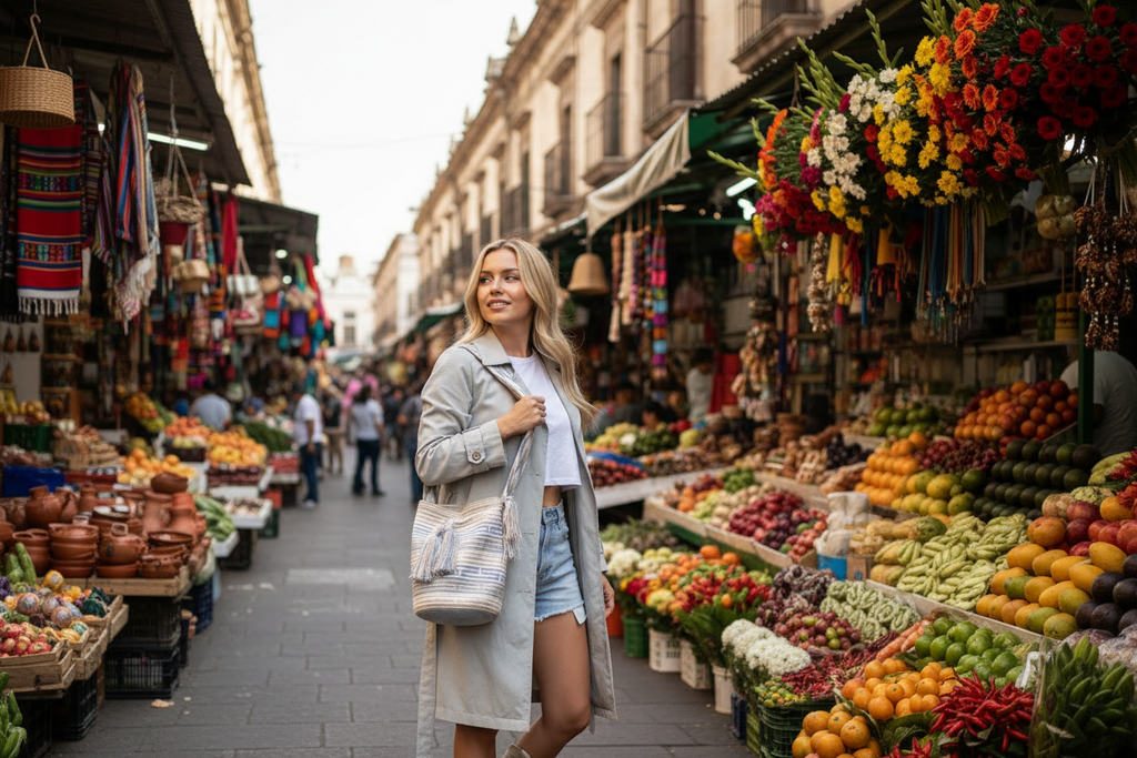 Woman wearing a handmade Wayuu shoulder bag at trendy market in soft colours, looking to the side. Ethically and responsibly sourced.