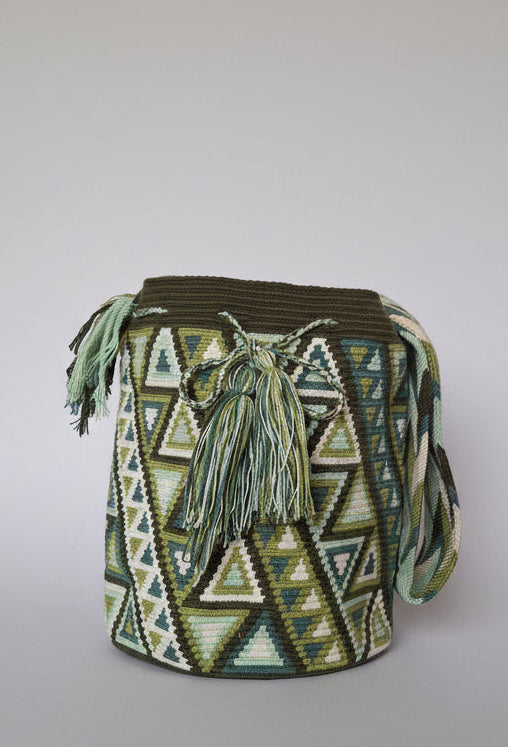 Authentic handmade Colombian Wayuu Mochila in vibrant cotton threads, geometric design in green and white. Ethically and responsibly sourced.