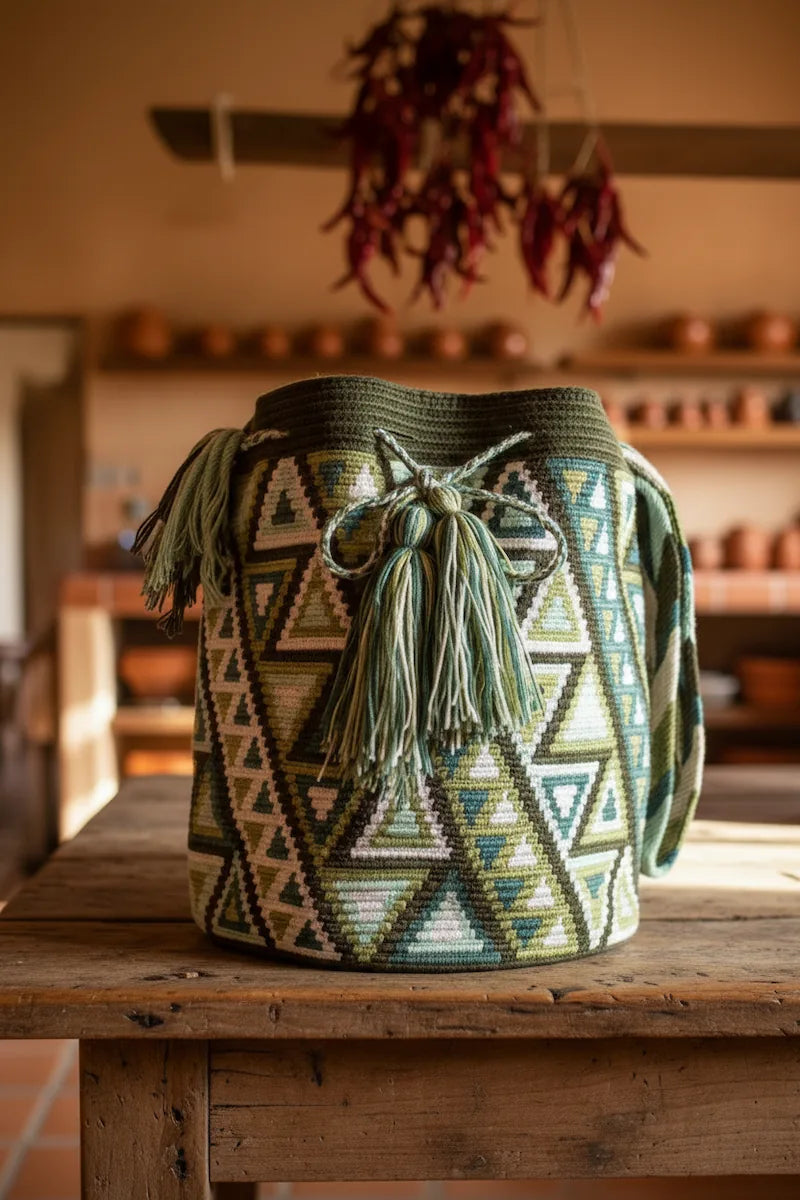 Traditional Wayuu mochila in green and whites with geometric design sat on kitchen table. Perfect boho bag with crossbody braided strap.