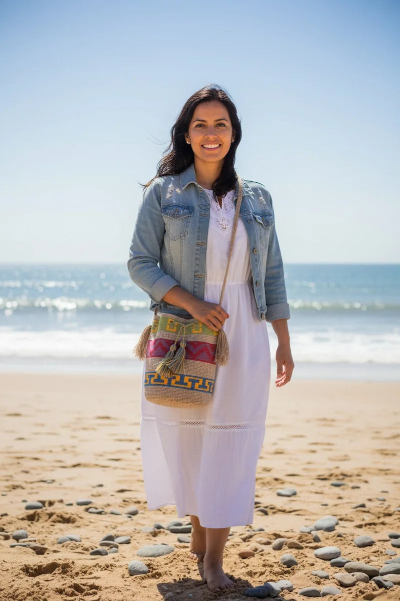 Woman standing on a beach with ocean view wearing a denim jacket and white dress. Carrying beautiful mochila bag handmade by Wayuu artisans.