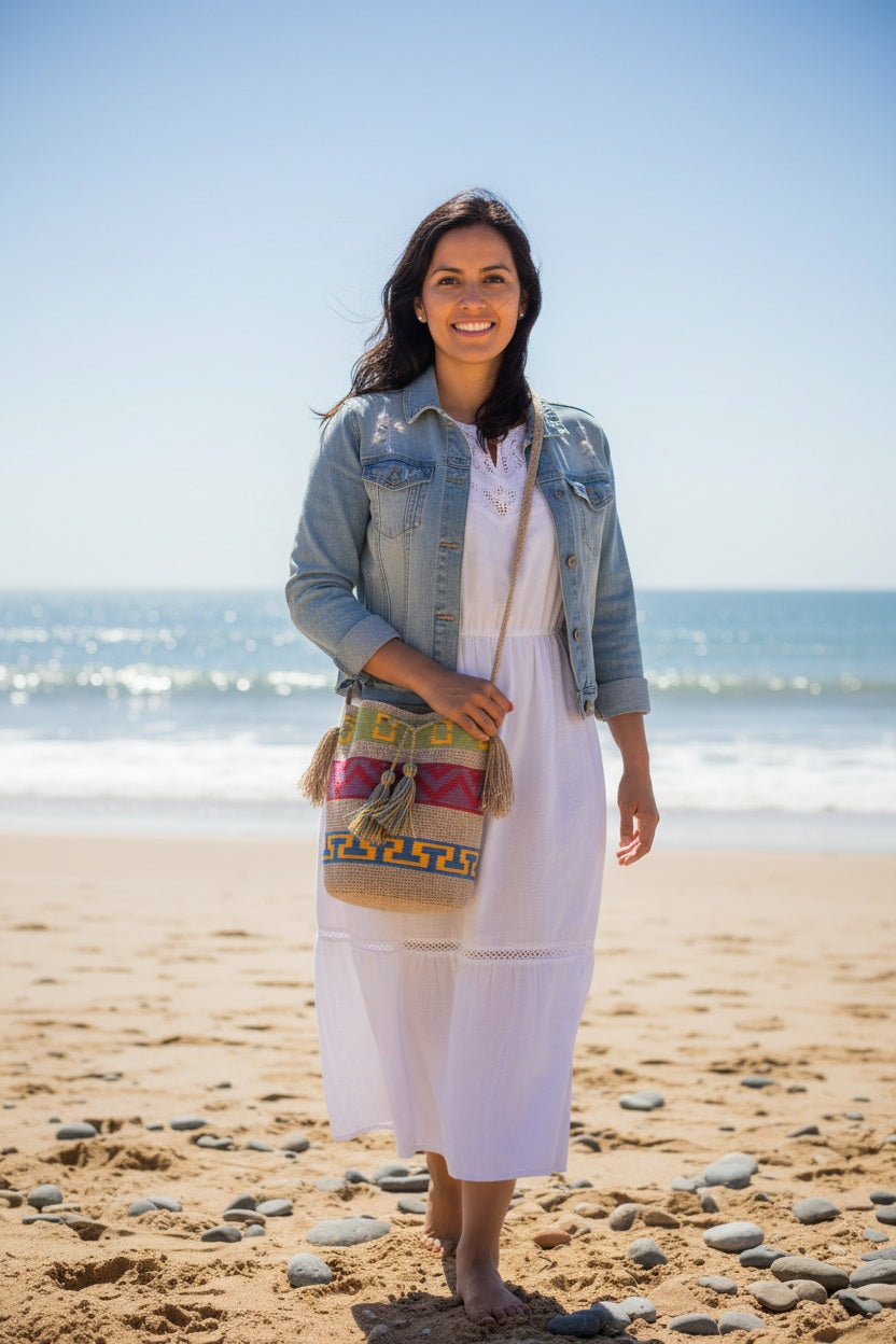 Large Wayuu Bag Unique Geometric Design in Marbled Beige, Red and Green