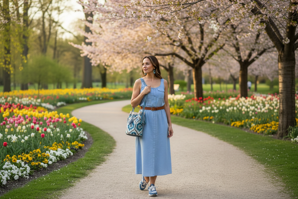 Woman wearing a blue and white handmade Wayuu shoulder bag walking in park. Ethically and responsibly sourced.