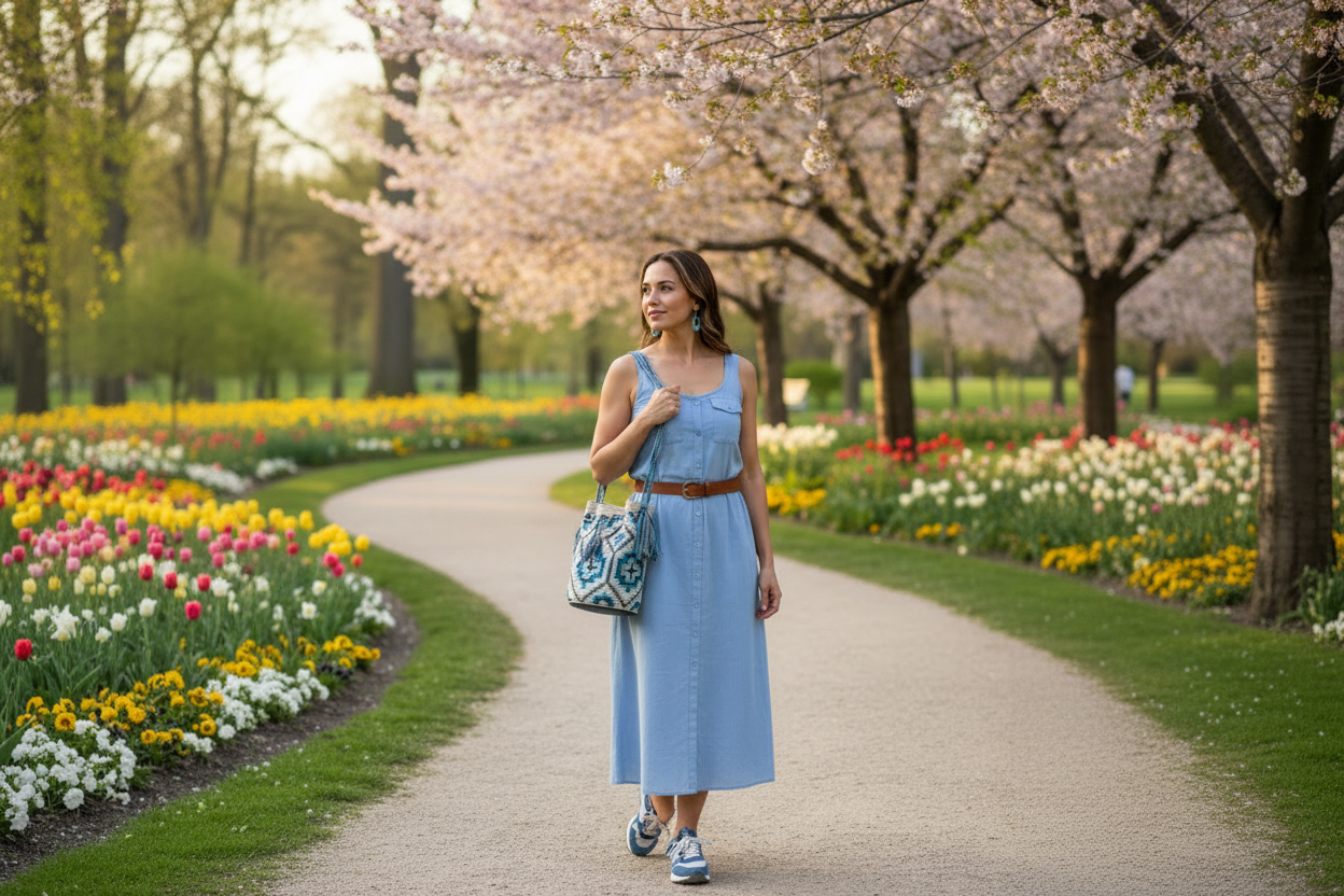 Woman wearing a blue and white handmade Wayuu shoulder bag walking in park. Ethically and responsibly sourced.