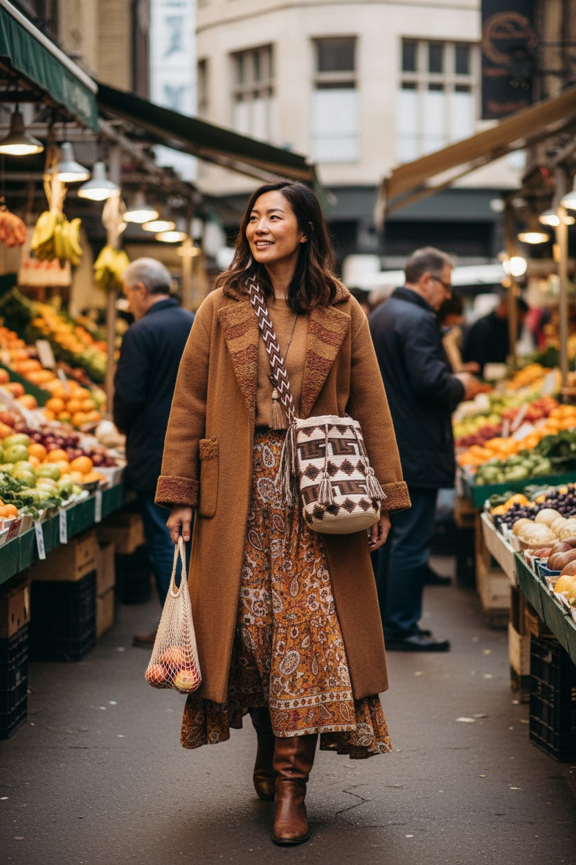Woman wearing a bohemian-style handmade Wayuu shoulder bag at trendy market. Ethically and responsibly sourced.