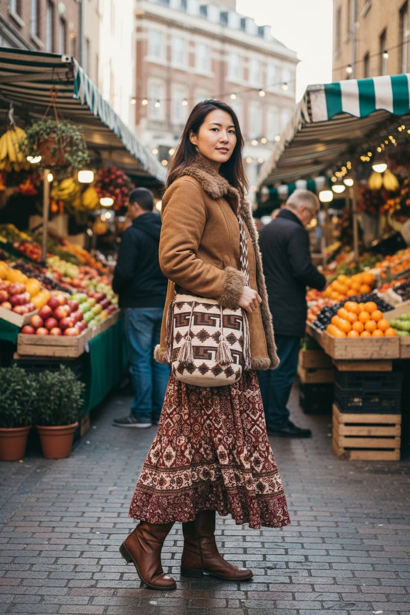 Woman wearing a bohemian-style handmade Wayuu shoulder bag at trendy market, looking at camera. Ethically and responsibly sourced.