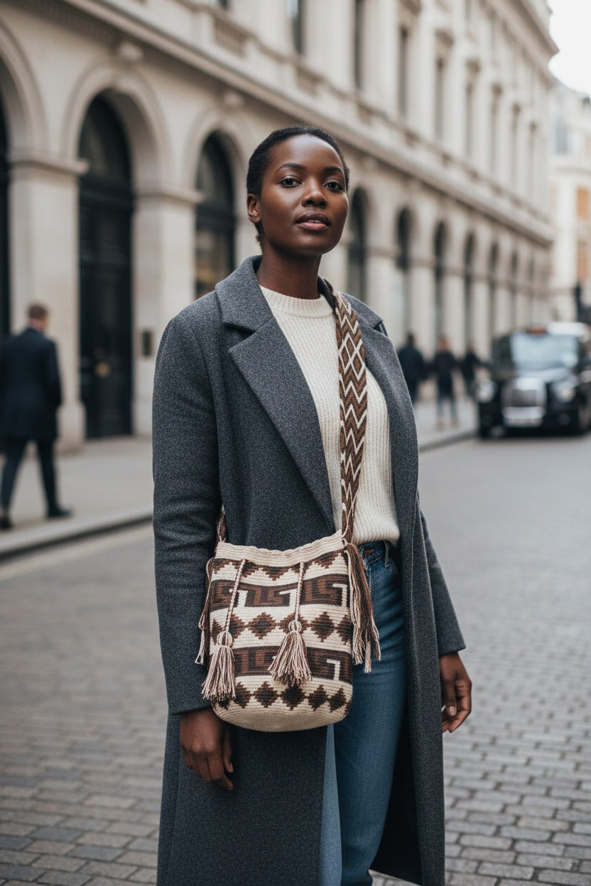 Woman wearing a brown and beige handmade Wayuu shoulder bag walking in city. Ethically and responsibly sourced.