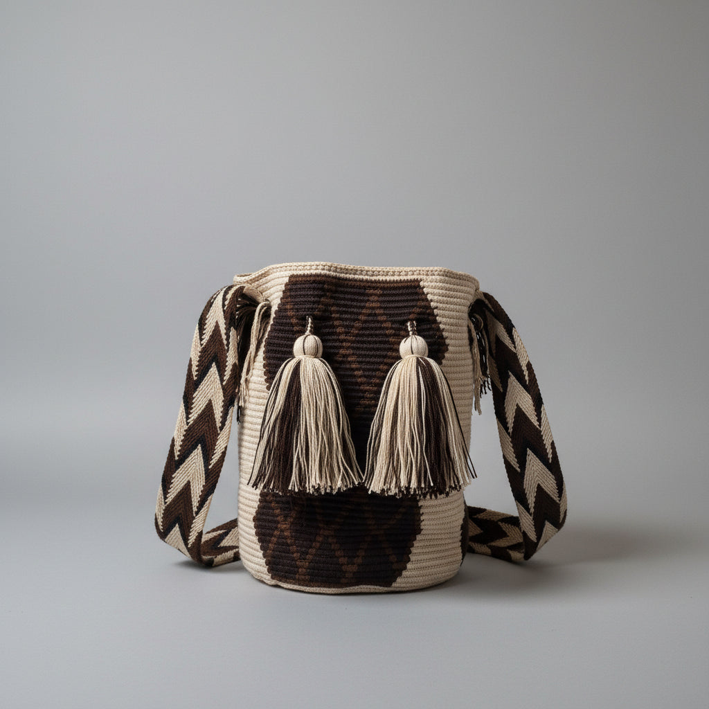 A handwoven Wayuu mochila bucket bag with a brown and beige geometric pattern, featuring two large white tassels on the front and a matching braided shoulder strap, displayed on against a plain white wall.