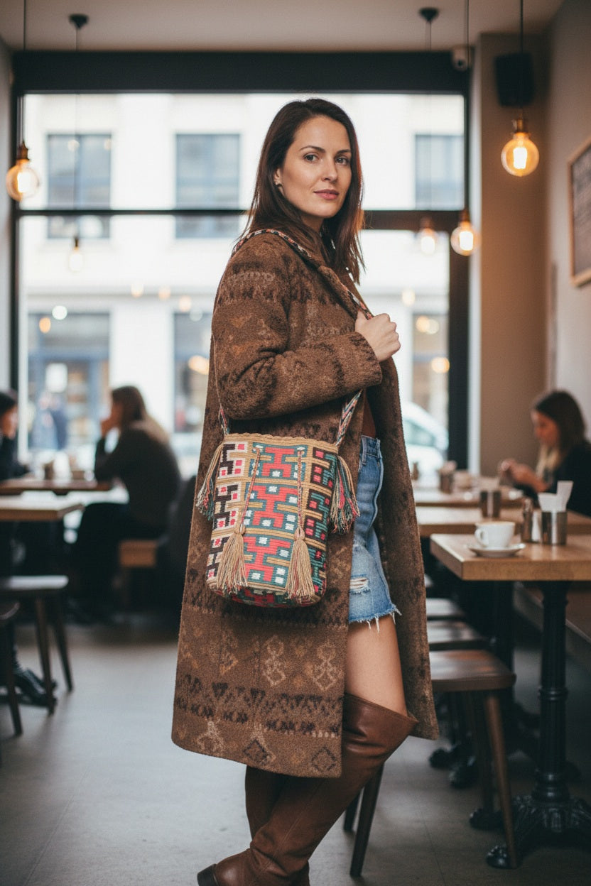 Woman wearing a pink, blue and beige handmade Wayuu shoulder bag relaxing at café. Ethically and responsibly sourced. Perfect for boho outfit.