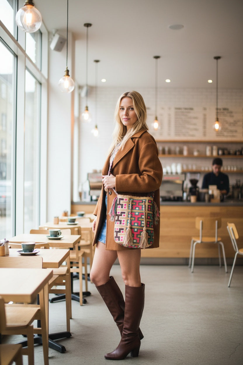 Woman wearing a pink, blue and beige handmade Wayuu shoulder bag looking into camera at café. Ethically and responsibly sourced. Perfect for boho outfit.