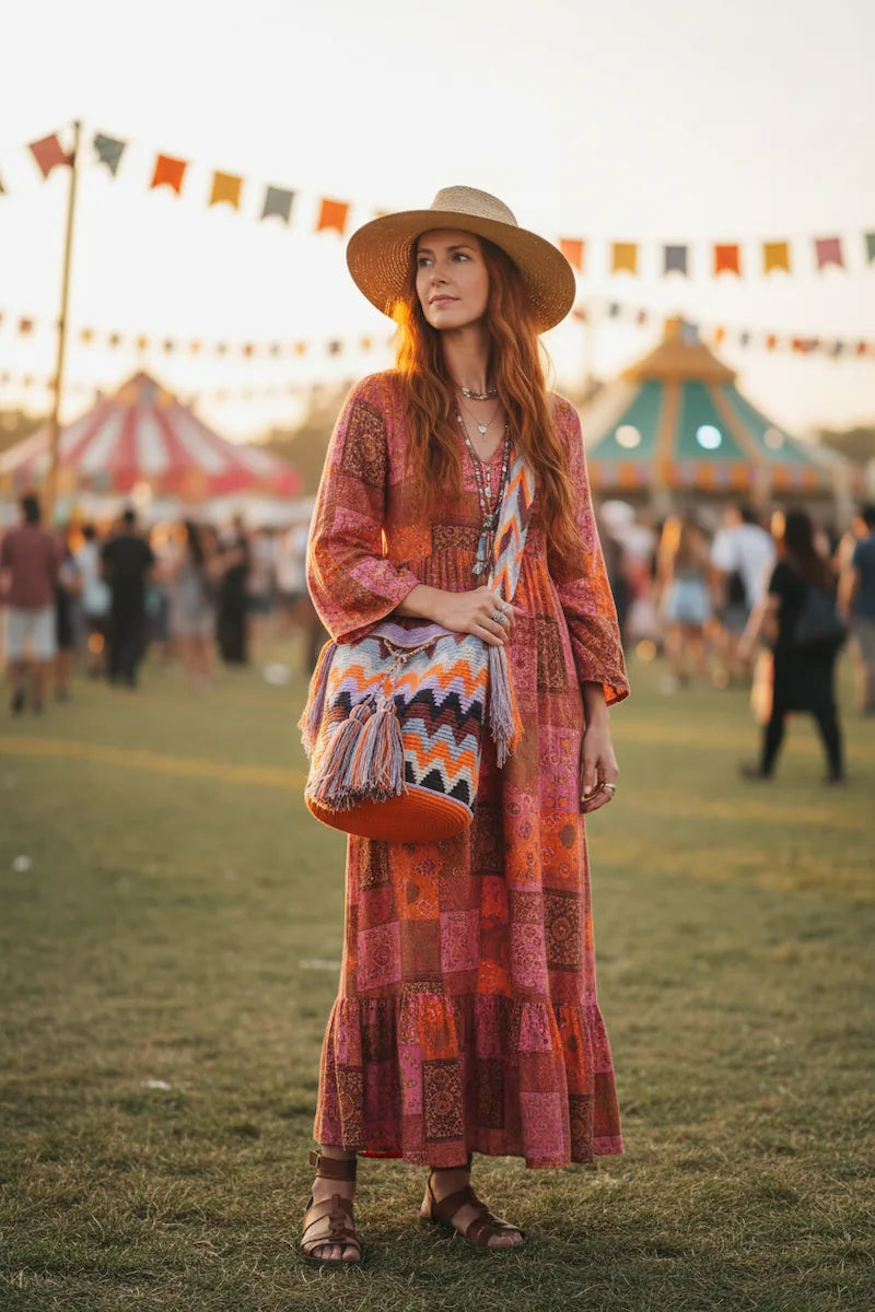Woman wearing a colourful handmade Wayuu shoulder bag at festival, with red boho dress. Colourful mochila, ethical and fairtrade, is perfect for festival look.