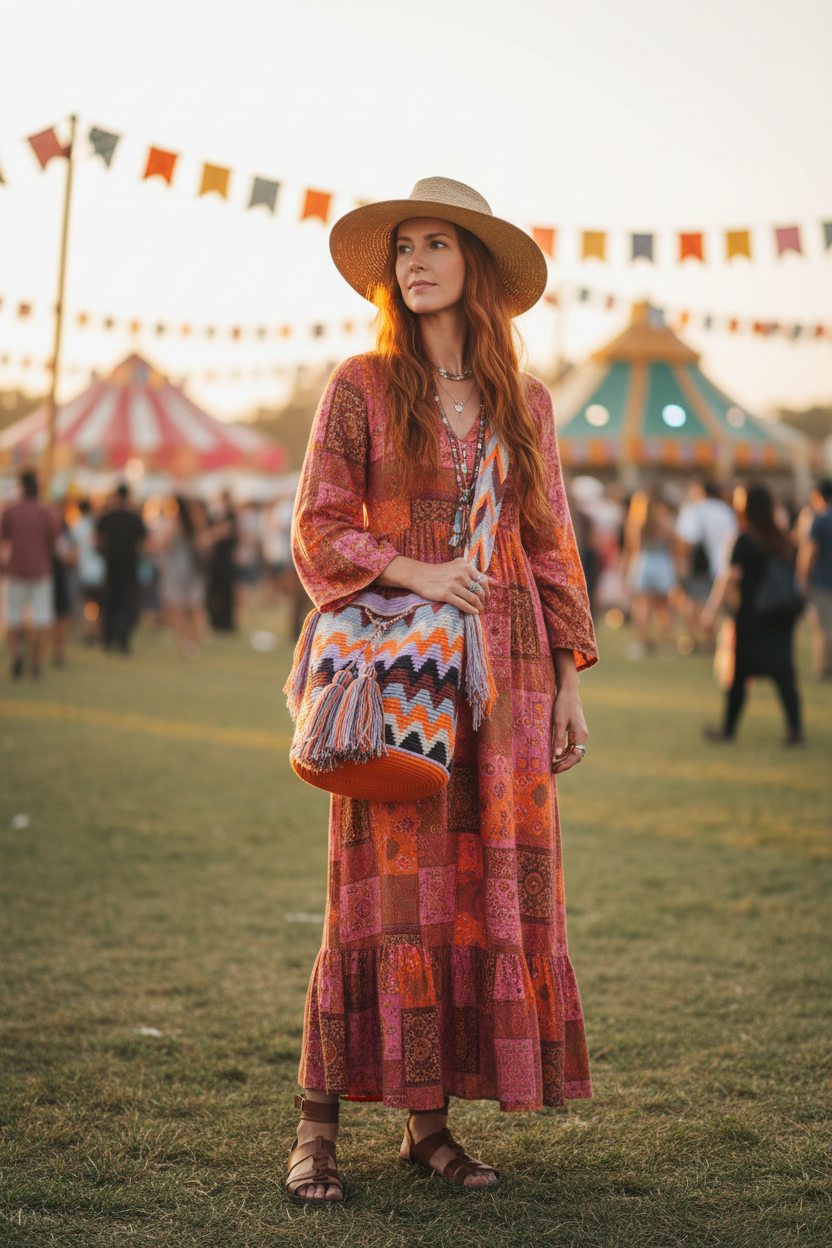 Woman wearing a colourful handmade Wayuu shoulder bag at festival, with red boho dress. Ethically and responsibly sourced.