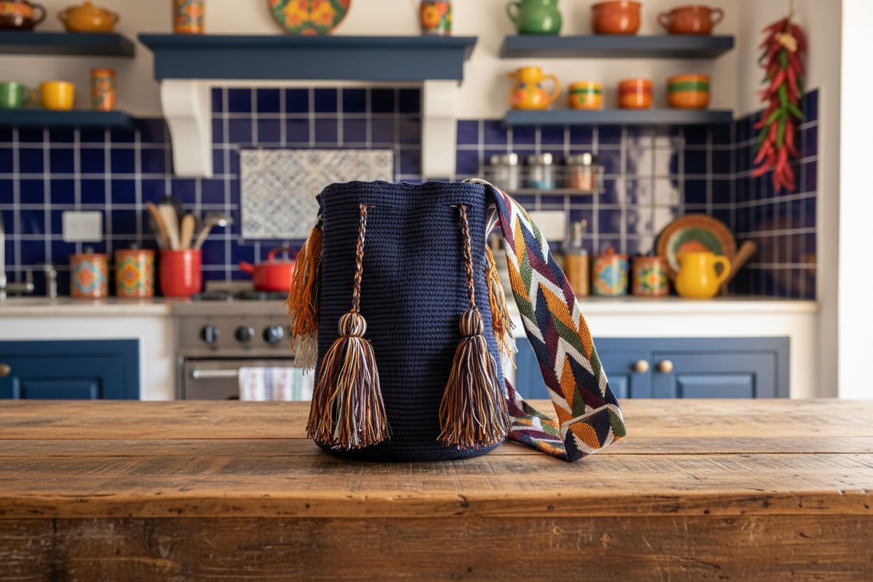 Authentic handmade Colombian Wayuu Mochila in dark blue cotton thread on rustic kitchen table geometric design. Ethically and responsibly sourced