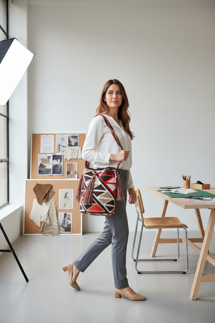 Woman wearing a colourful handmade Wayuu shoulder bag with diamond kanas arriving at office studio. Ethically and responsibly sourced.