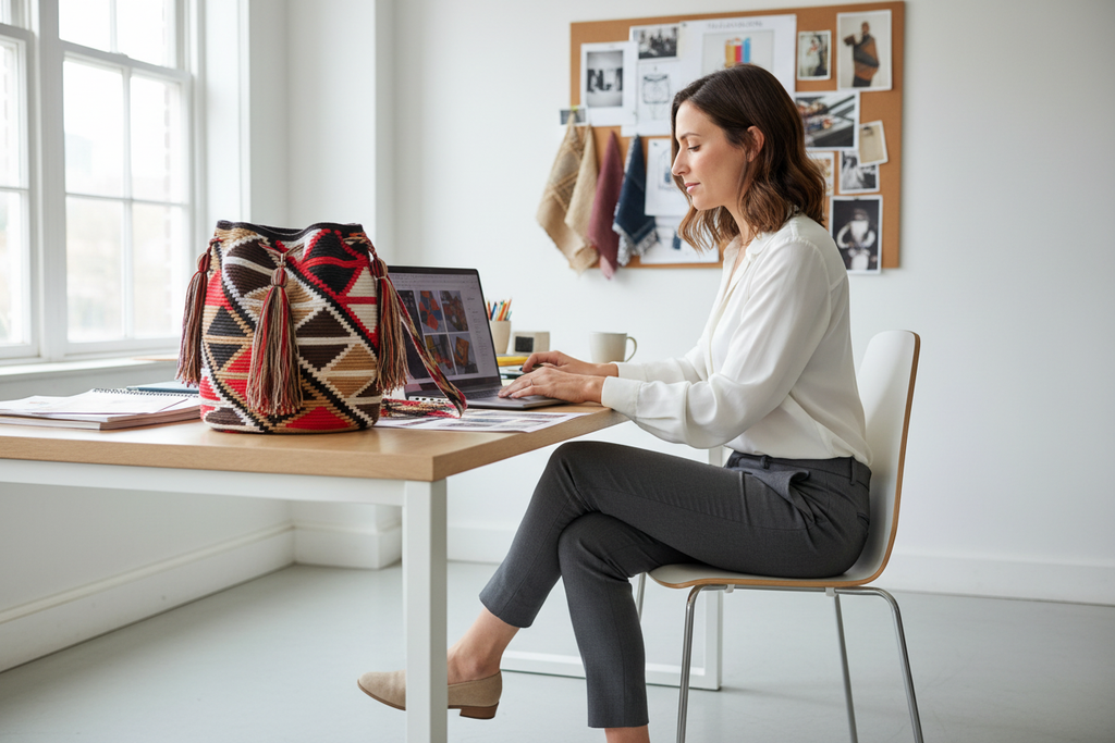 Woman with diamond design handmade Wayuu shoulder bag sat at office desk. Ethically and responsibly sourced.