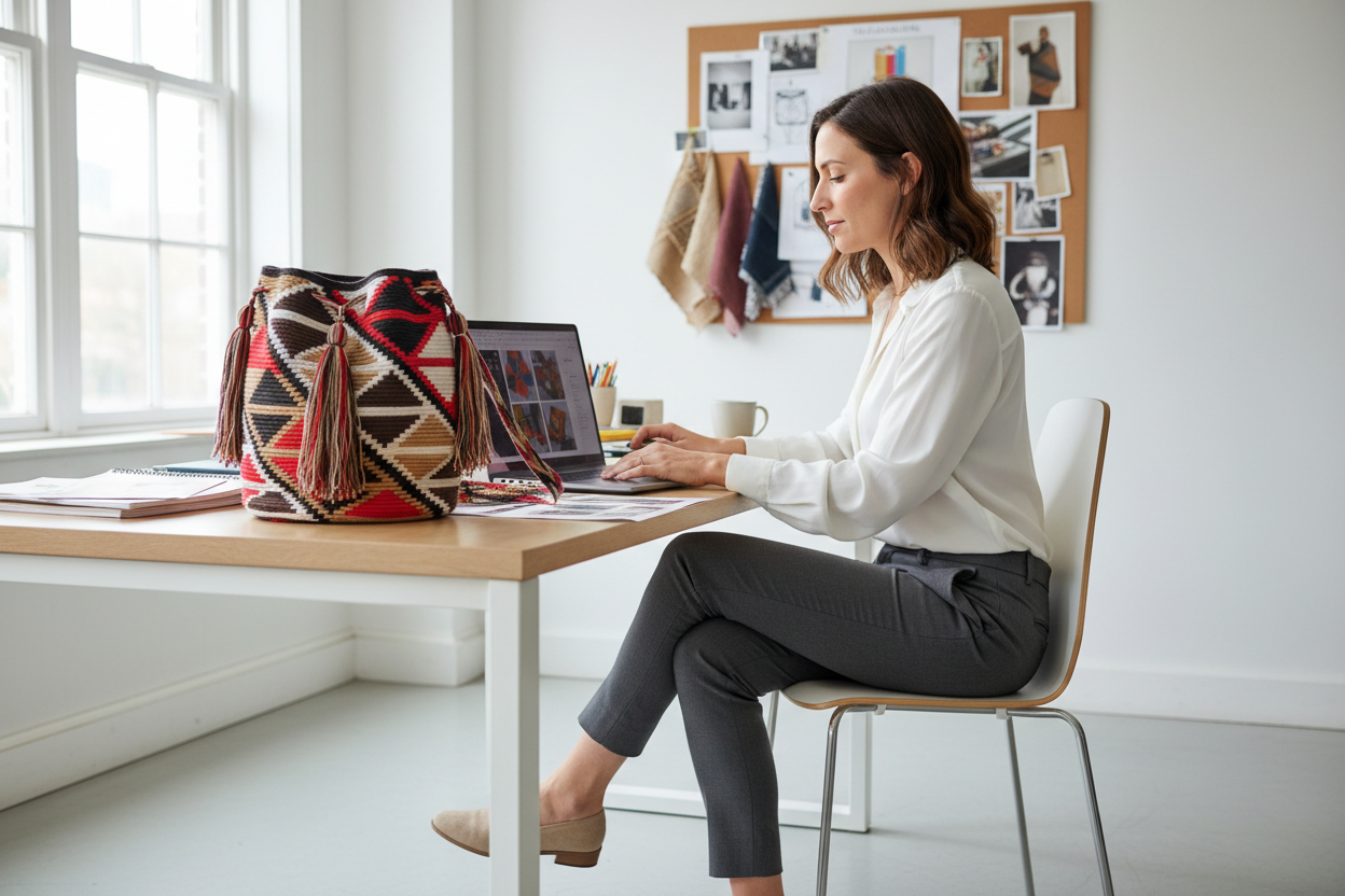 Woman with diamond design handmade Wayuu shoulder bag sat at office desk. Ethically and responsibly sourced.