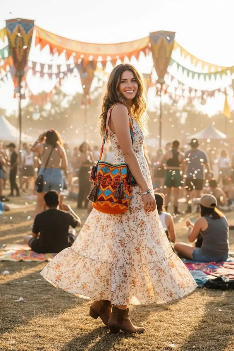Woman wearing a colourful handmade Wayuu shoulder bag combined with boho look at festival in floral dress. Ethically and responsibly sourced.