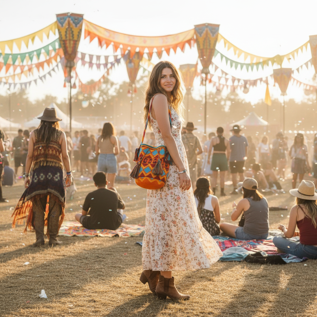 Woman wearing a colourful handmade Wayuu shoulder bag relaxing at festival, in boho style dress Ethically and responsibly sourced.