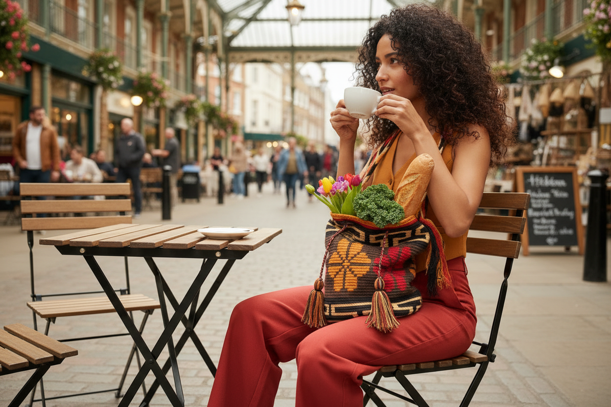 Woman wearing a handmade Wayuu shoulder bag, with four-petal design in red, ochre and brown, relaxing at café terrace. Ethically and responsibly sourced.