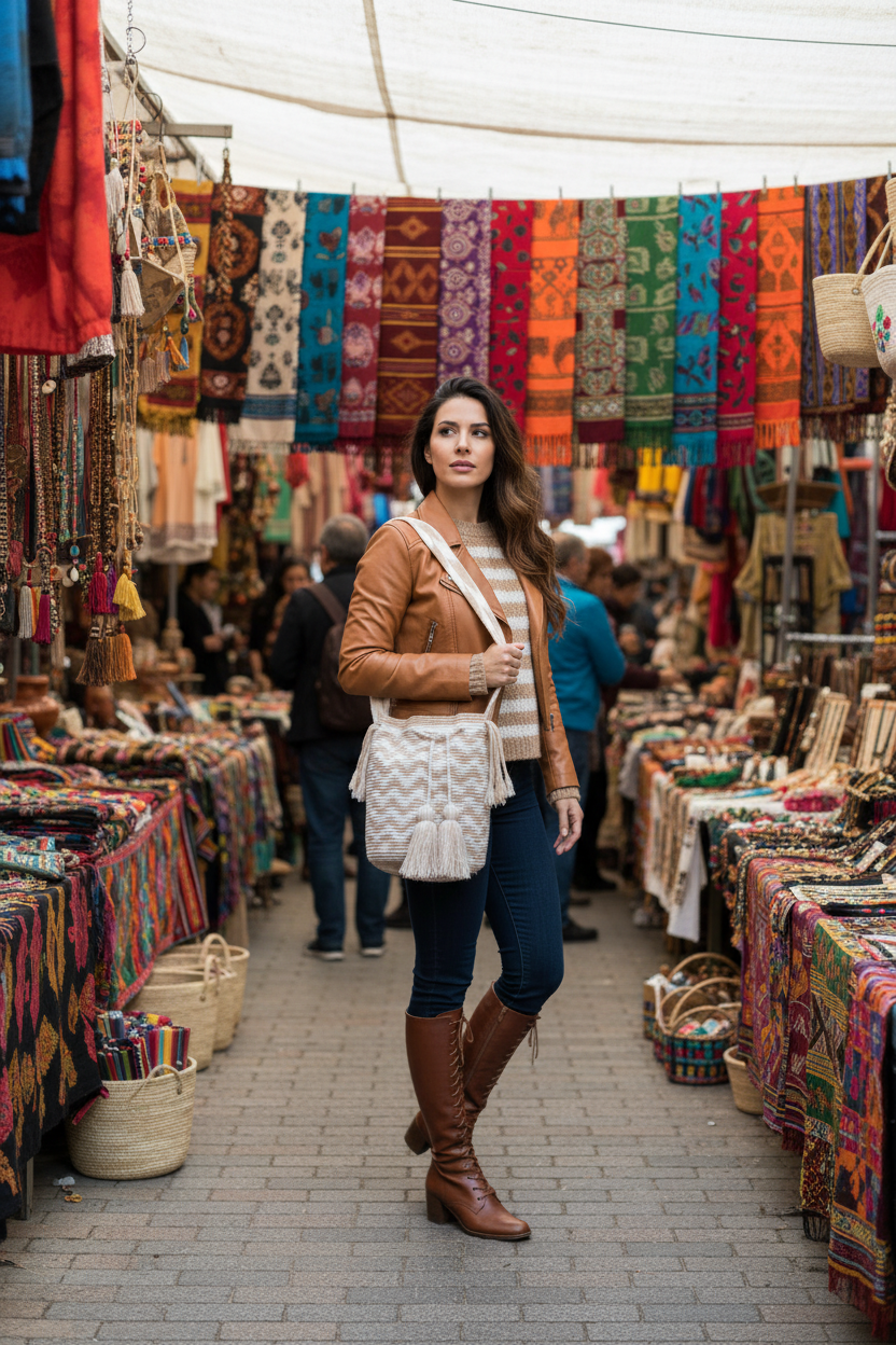 Woman wearing a beige and white handmade Wayuu shoulder bag at bohemian market. Bag is ethically and responsibly sourced and great look for boho outfits.