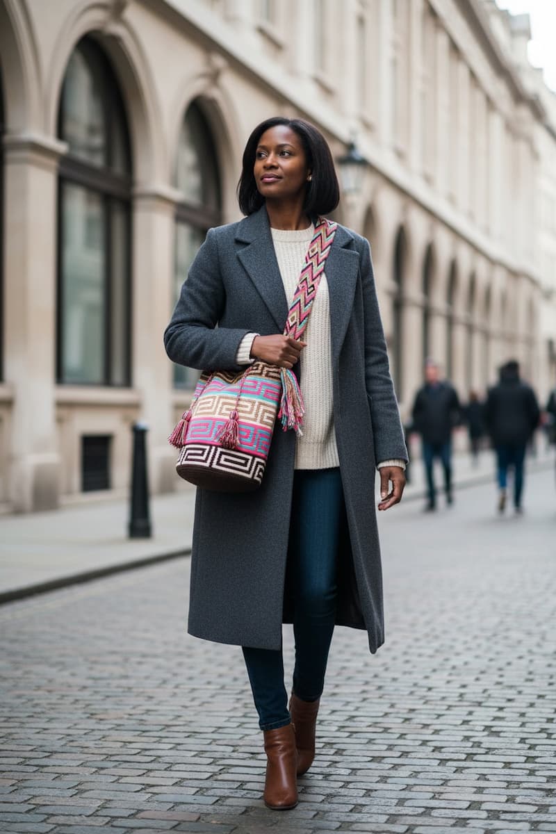 Woman wearing handwoven Wayuu shoulder bag with labyrinth design in multicolor walking down street. Mochila is hand-made by artisans; great for boho-chic layers.