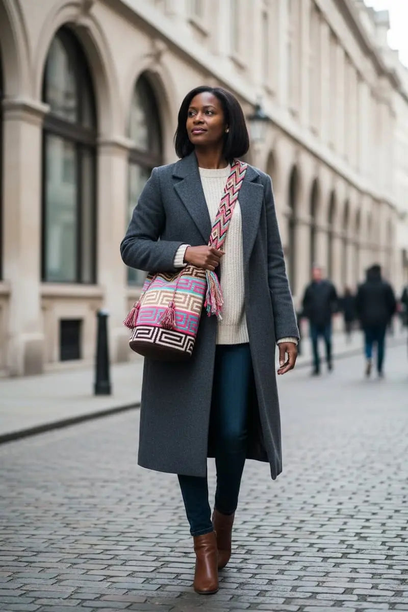 Woman wearing handwoven Wayuu shoulder bag with labyrinth design in multicolor walking down street. Mochila is hand-made by artisans; great for boho-chic layers.