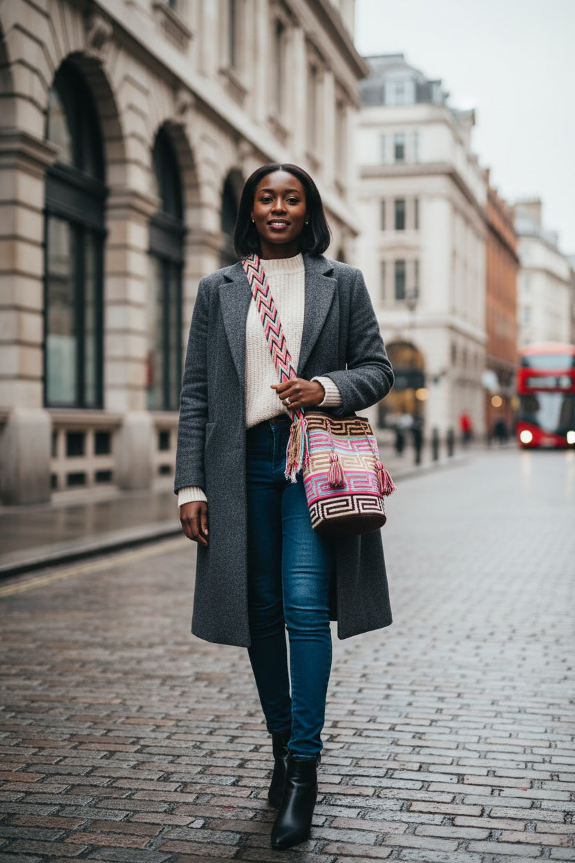 Close up of Woman wearing handwoven Wayuu shoulder bag with labyrinth design in multicolor walking down street. Mochila is hand-made by artisans; great for boho-chic layers.