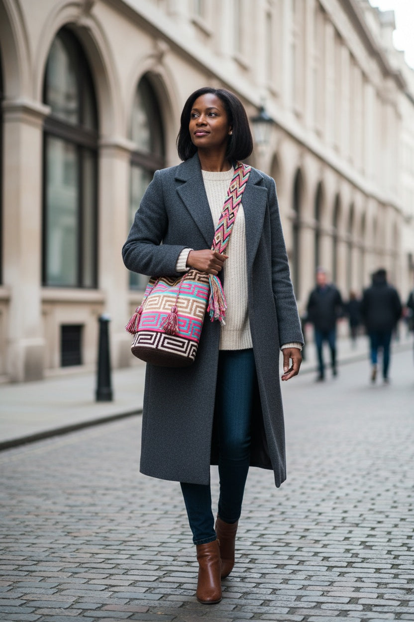 Woman wearing handwoven Wayuu shoulder bag with labyrinth design in multicolor walking down street. Mochila is hand-made by artisans; great for boho-chic layers.
