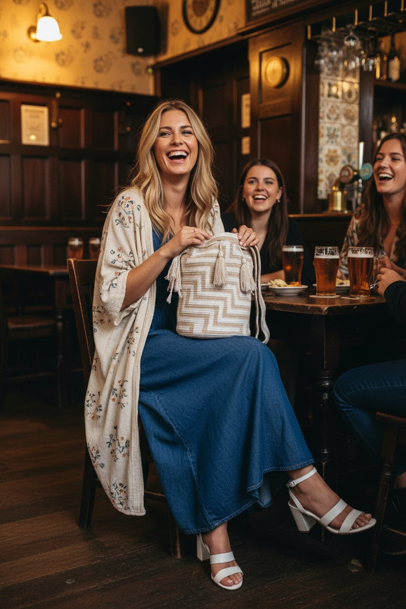 Woman wearing soft-coloured handmade Wayuu shoulder bag in a bar, combined with boho fashion style. Ethically and responsibly sourced.