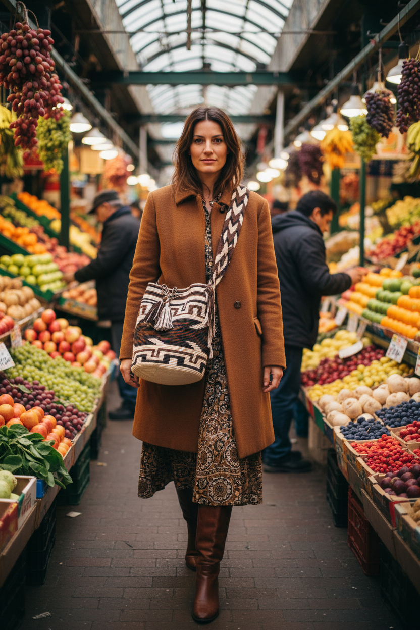 Woman wearing a brown and beige handmade Wayuu shoulder bag relaxing in market with boho style fashion. Ethically and responsibly sourced.