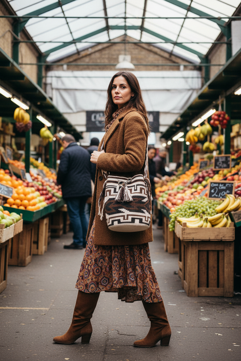 Woman wearing a brown and beige handmade Wayuu bag with geometric design walking through market. Ethically and responsibly sourced.